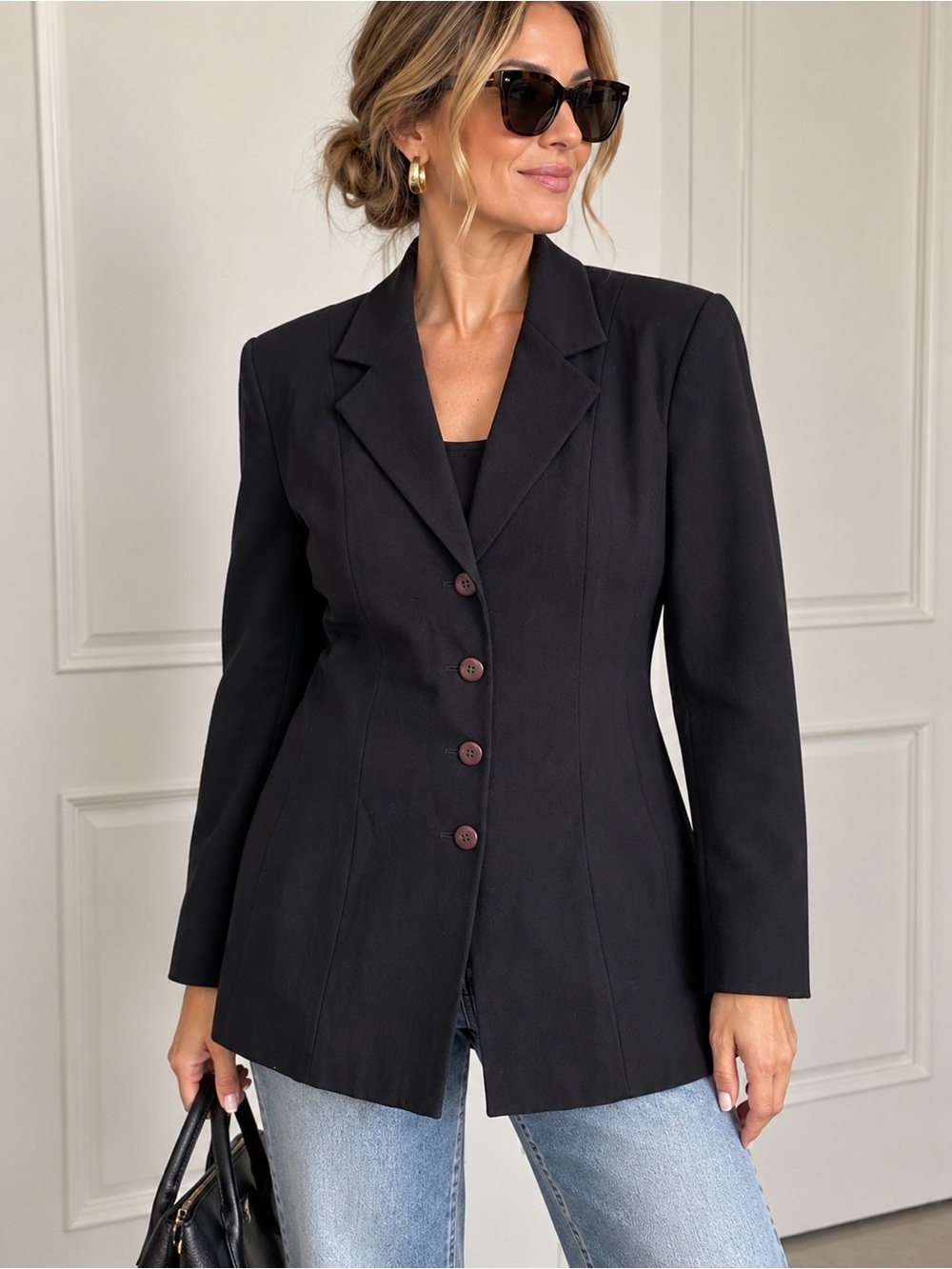 Vintage Hugo Buscati Milano Black 100% Wool Tailored Blazer Jacket Size 16